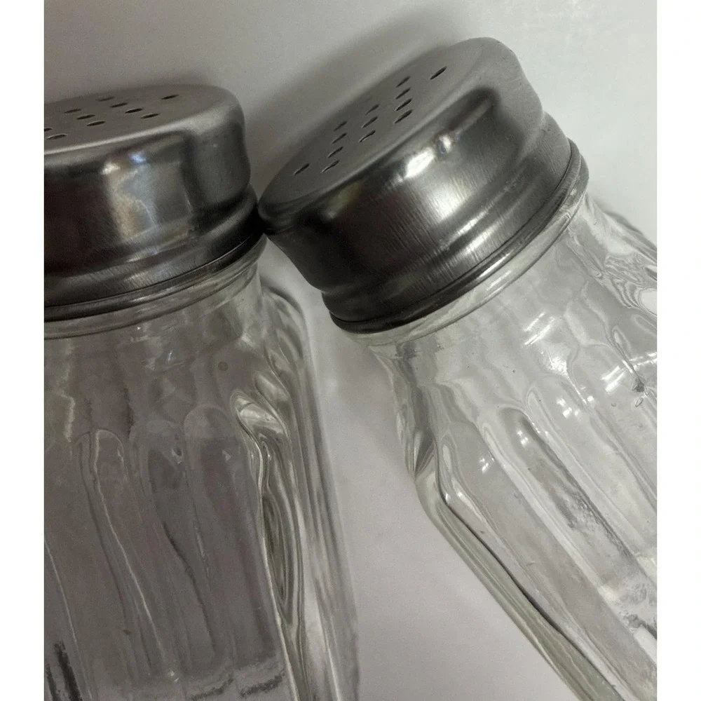 Vintage Ribbed Square Salt & Pepper Shakers Clear Chrome Clear Glass‎